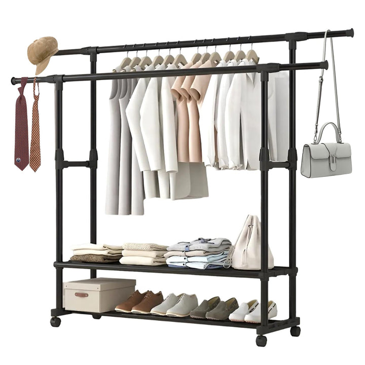 Freistehender Doppelruten Kleiderbügel, 150*150*75cm Ausziehbar Kleiderständer auf Rollen Multifunkt
