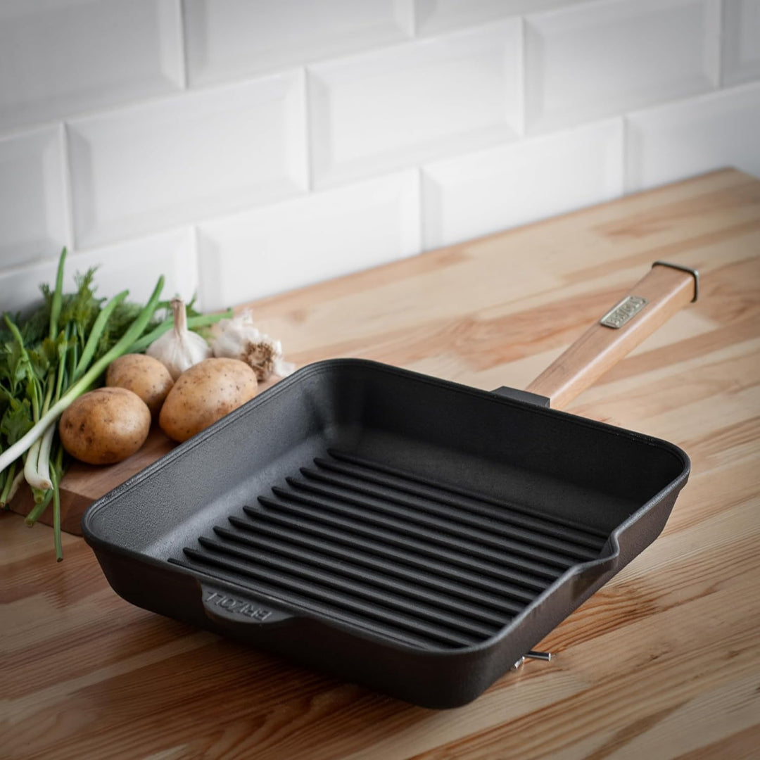 4BIG.fun Gusseisen Grillpfanne BRIZOLL mit abschraubbarem Griff Induktion (28 x 28 cm) Bratpfanne St