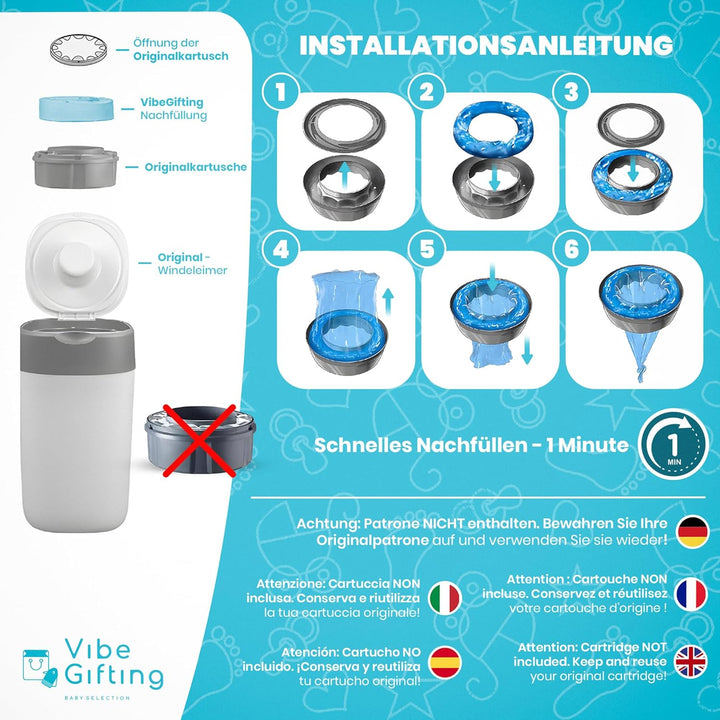VibeGifting® XXL-Familienpackung – 9 windeleimer nachfüllfolie à 10 m, kompatibel mit Tommee Tippee