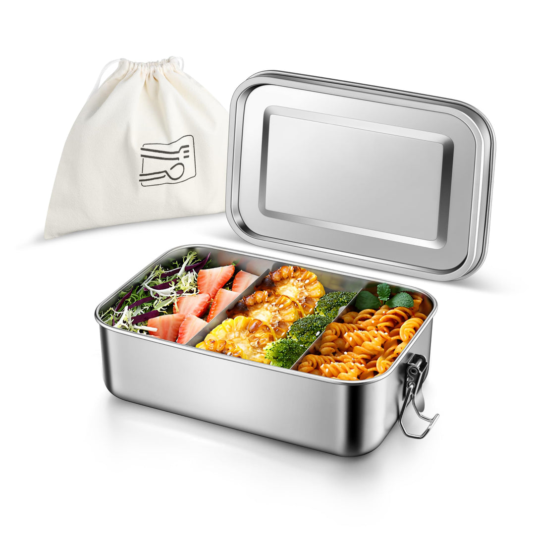 Homikit Edelstahl Brotdose mit 2 Fächern, 1400ml Bento Box mit Tasche für Kinder und Erwachsene, Aus