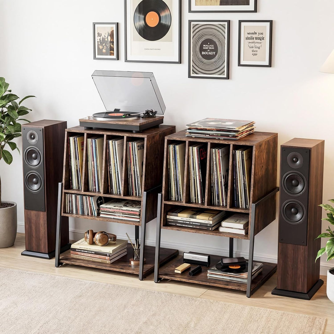 COSTWAY Plattenspielerständer, Vinyl Schallplattentisch mit breite Tischplatte, 4 Trennwänden &amp; unte