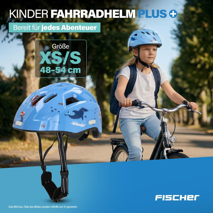 FISCHER Kinder-Helm, Fahrradhelm, Jugendhelm mit integriertem LED-Rücklicht, XS/S, 48-54cm Delfin, D