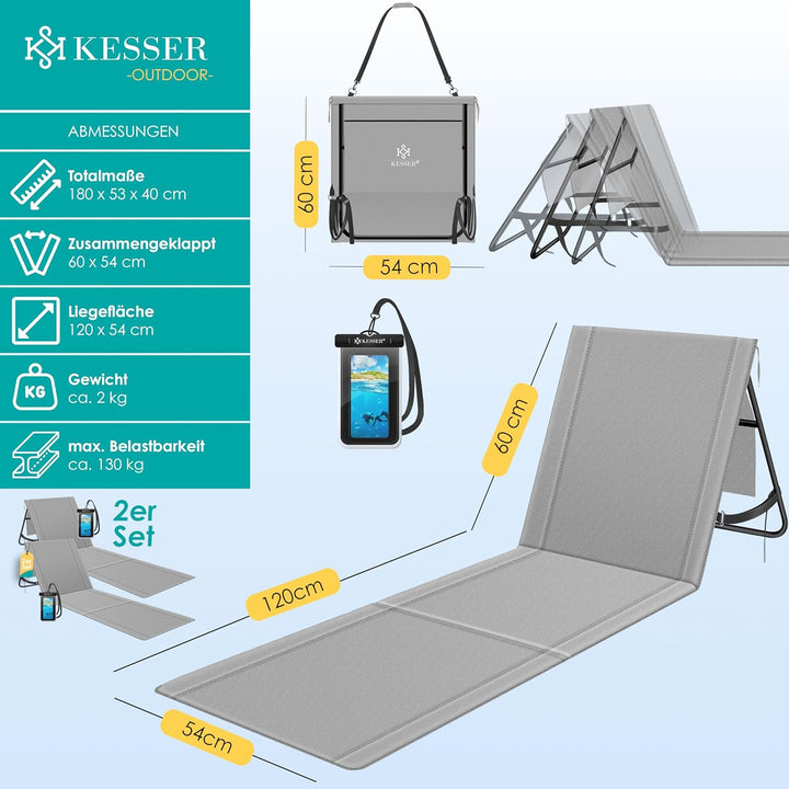 KESSER® 2er Set Strandmatte klappbar mit Verstellbarer Rückenlehne, Tragegurt, wasserdichter Tasche