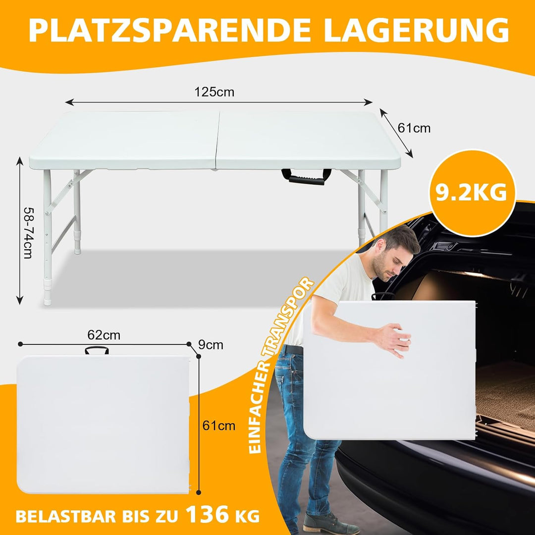 Klapptisch 125x61cm Kunststoff Klappbar Gartentisch Multifunktional Campingtisch mit Griff für BBQ,