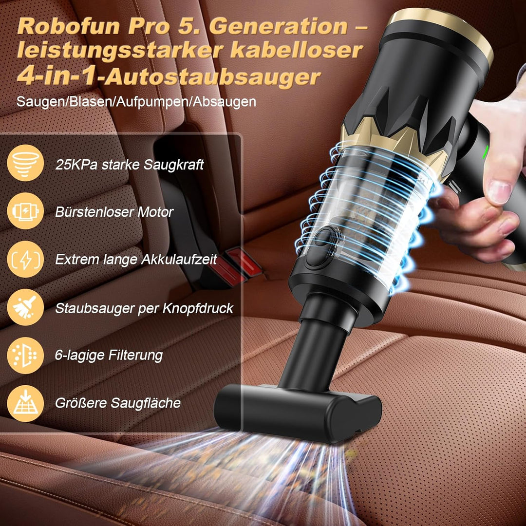 Robofun 4 IN 1 Handstaubsauger akku, 25000Pa Auto Staubsauger stark,105000 U/min, Bürstenloser Motor