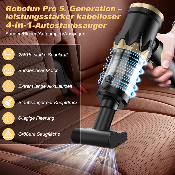 Robofun 4 IN 1 Handstaubsauger akku, 25000Pa Auto Staubsauger stark,105000 U/min, Bürstenloser Motor