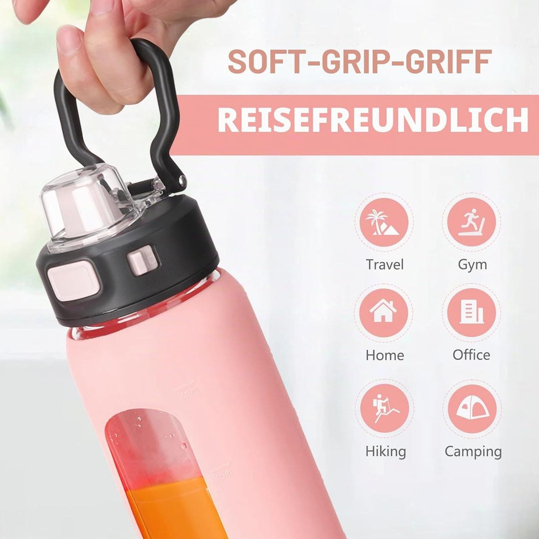 BLUEGO 700ml Trinkflasche Glas mit Strohhalm und Griff Auslaufsichere Wasserflasche mit Silikonhülle