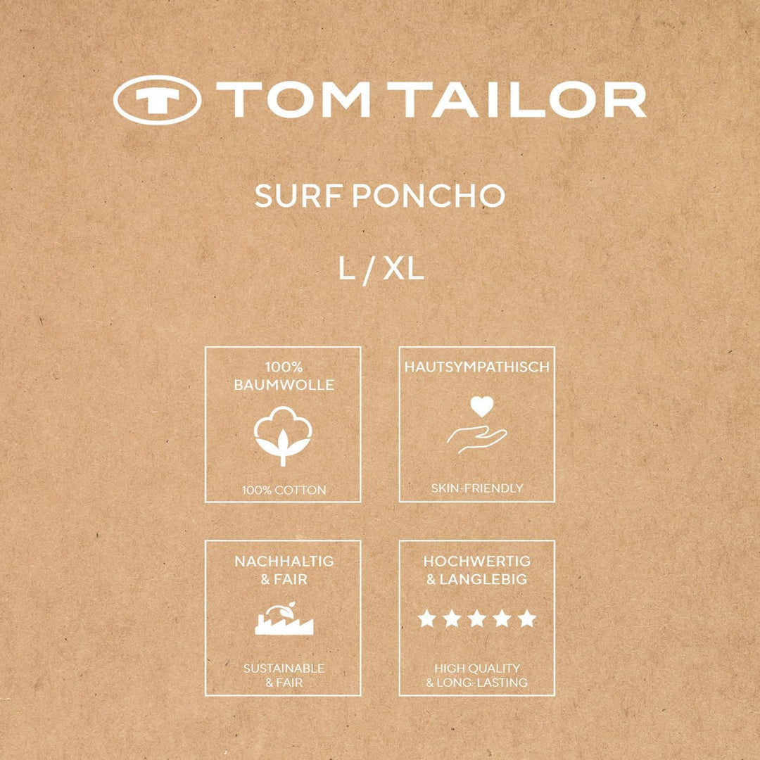 TOM TAILOR Surf Poncho für Damen und Herren, L-XL, 100% Baumwolle/ Frottier, Badeponcho mit Kapuze,