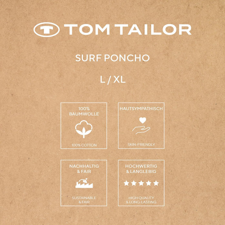 TOM TAILOR Surf Poncho für Damen und Herren, L-XL, 100% Baumwolle/ Frottier, Badeponcho mit Kapuze,