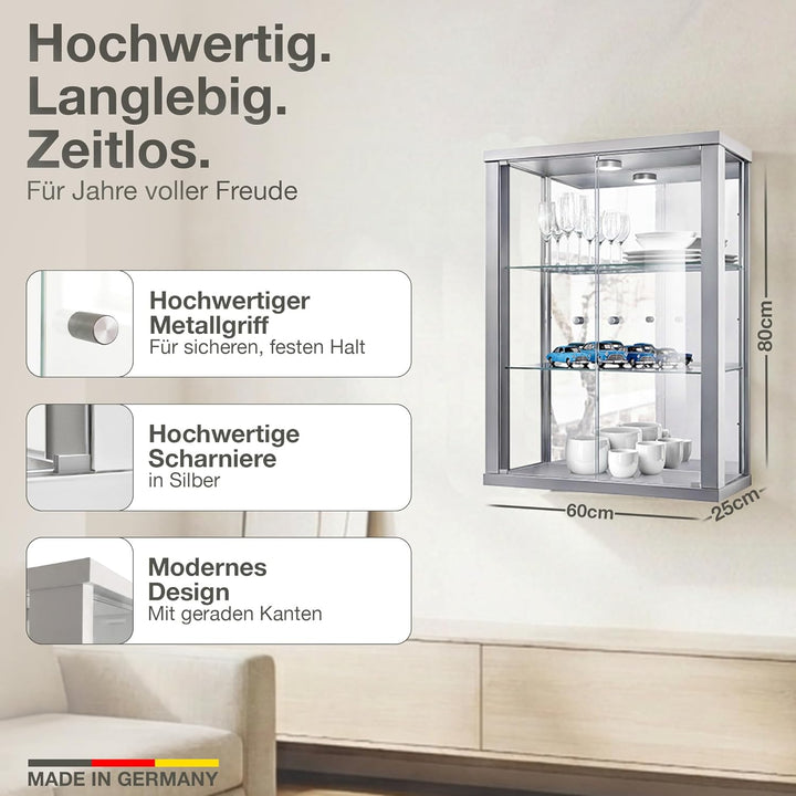 K-Möbel Hängevitrine in Alu/Silber (80x60x25 cm) mit 2 höhenverstellbaren Glasböden, Spiegel & LED -