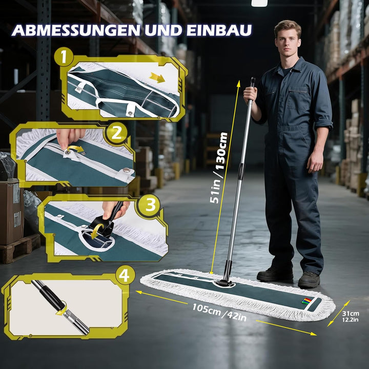 Myiosus Flach Wischmopp, 105cm Breit Gross Flachmopp, Baumwolle & Mikrofaser Mopp mit Edelstahlgriff