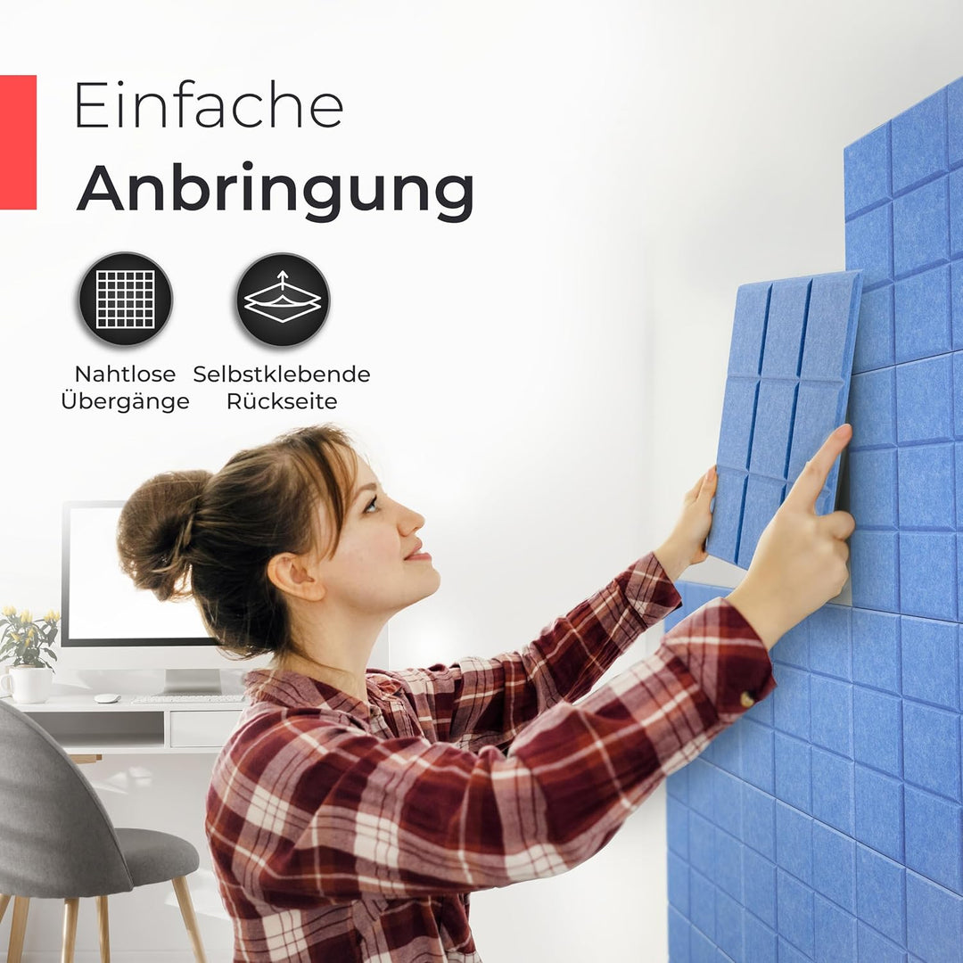 Akustikpaneele selbstklebend – 9er-Set | 30x30cm | Akustikfilz Himmelblau, extra dick 15mm – 3D Wand