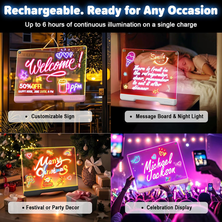 LED Zeichenbrett, 16 inch Wiederaufladbare Doodle Tafel, Neon Art Trockenlösch-Tafel mit 7 Farbmodi,