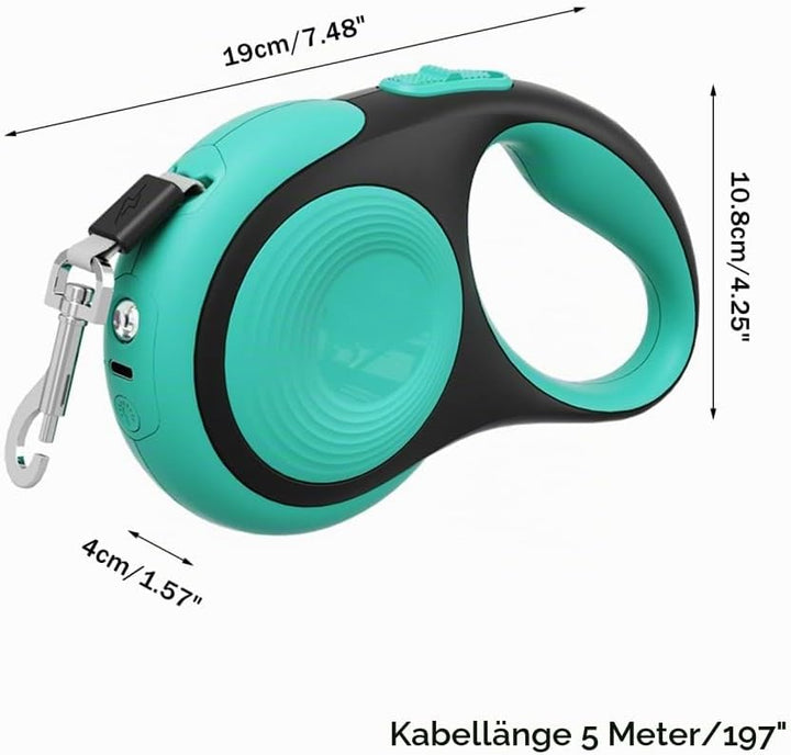 Einziehbare Hundeleine, 3/5 m, 30 kg, Robuste Hundeleine mit LED Taschenlampe, Einhandbremse Haustie