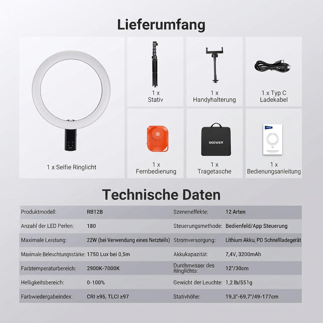NEEWER 12" Selfie Ringlicht mit App Steuerung/Fernbedienung/Stativ, 3200mAh, zweifarbige LED, CRI 95