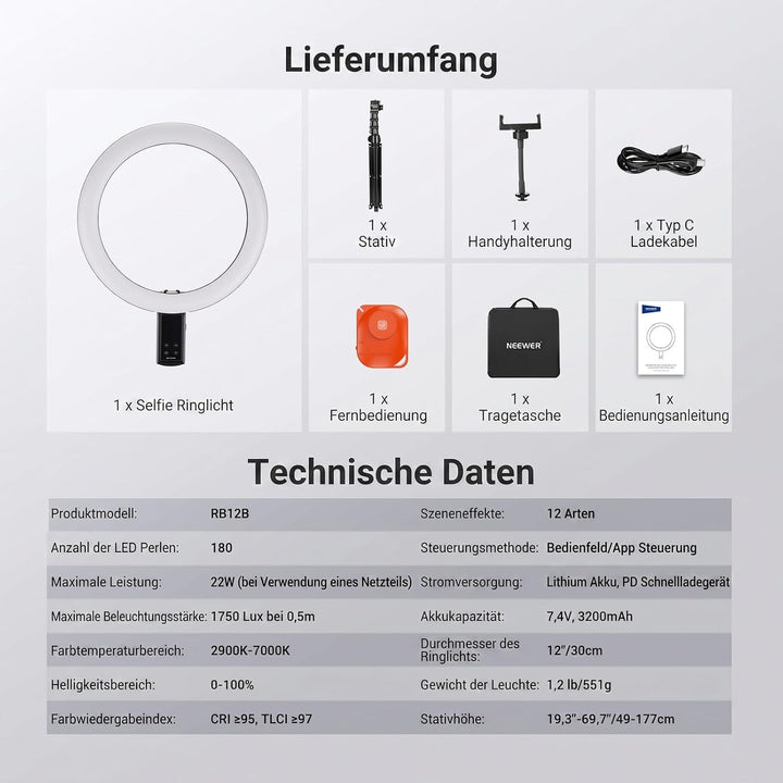 NEEWER 12" Selfie Ringlicht mit App Steuerung/Fernbedienung/Stativ, 3200mAh, zweifarbige LED, CRI 95