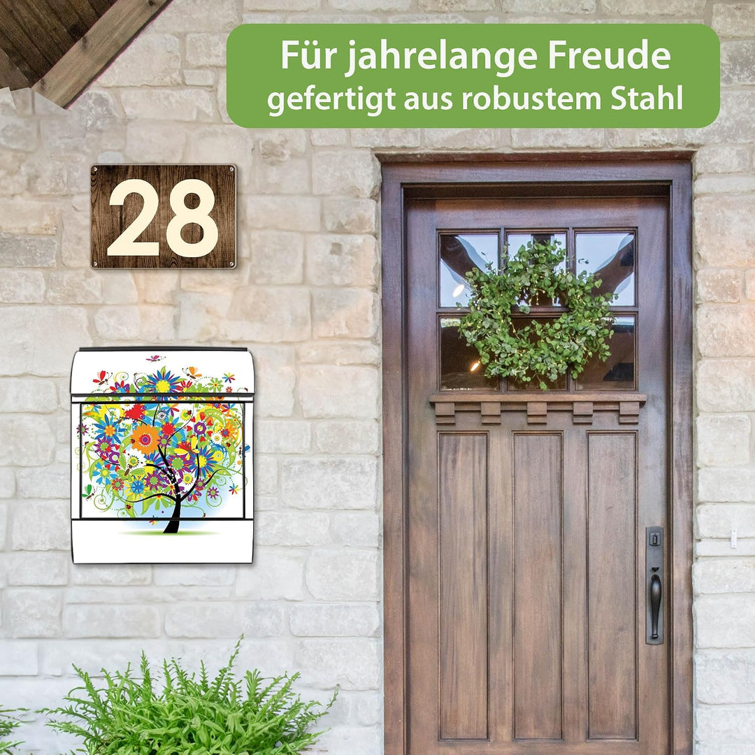 banjado® Design Briefkasten mit Motiv Märchenzauberbaum 39x47x14cm &amp; 2 Schlüssel - Briefkasten Stahl