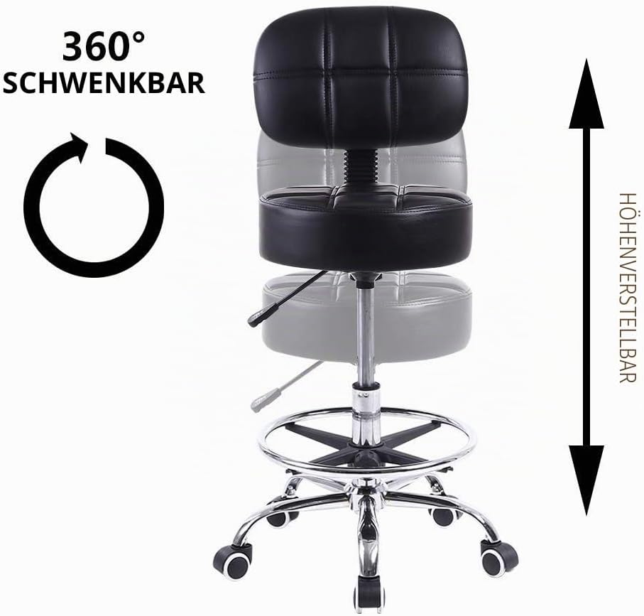 KKTONER Rollhocker Arbeitshocker mit Rückenlehne Höhenverstellbarer 53-68cm Salon Hocker PU Leder Sc