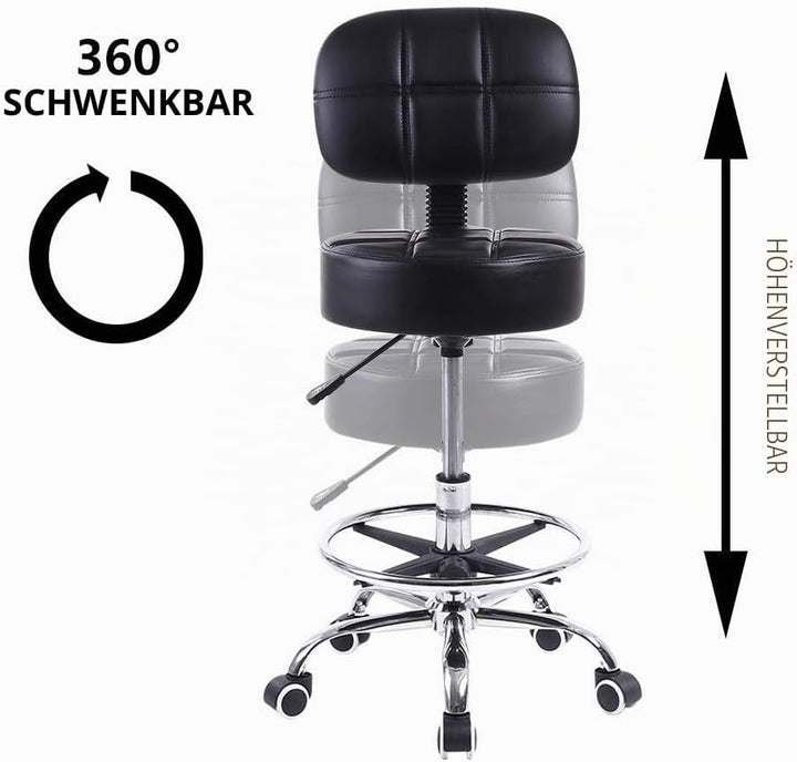 KKTONER Rollhocker Arbeitshocker mit Rückenlehne Höhenverstellbarer 53-68cm Salon Hocker PU Leder Sc