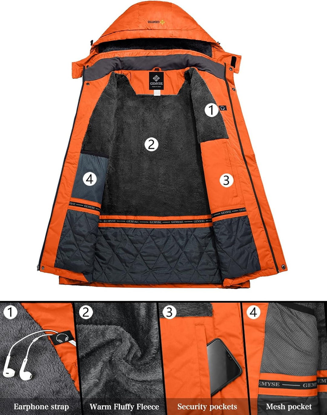 GEMYSE Herren Wasserdichte Berg-Skijacke Winddichte Fleece Outdoor-Winterjacke mit Kapuze, M Orange