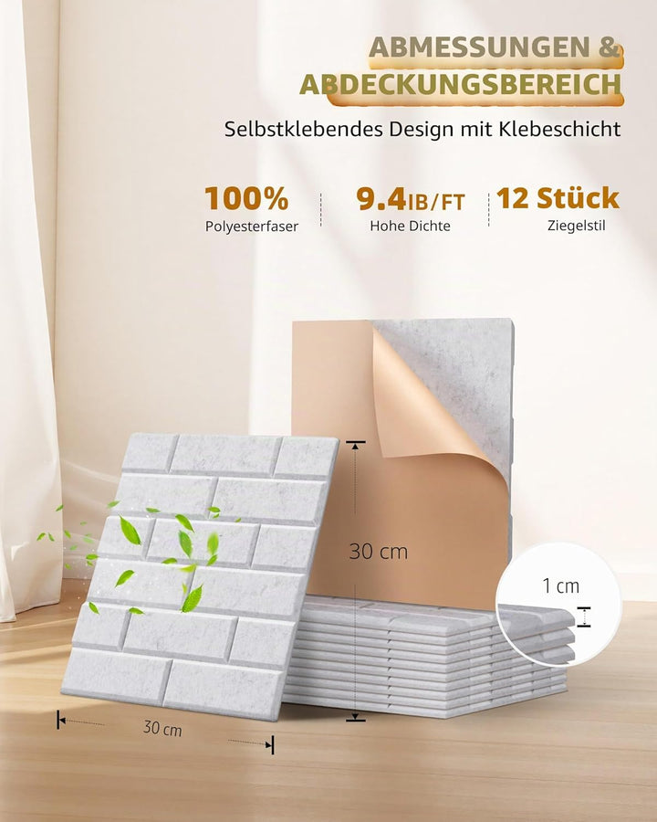 Jamelo 12 Stück Selbstklebende Akustikpaneele, 30x30x0,9cm，3D Hochdichte Ziegelstein-Akustikpaneele，
