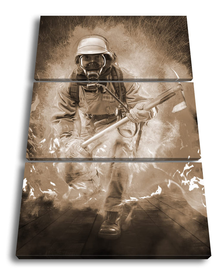 deyoli Feuerwehrmann im Einsatz Format: 3Teilig Effekt: Sepia als Leinwandbild, Motiv fertig gerahmt