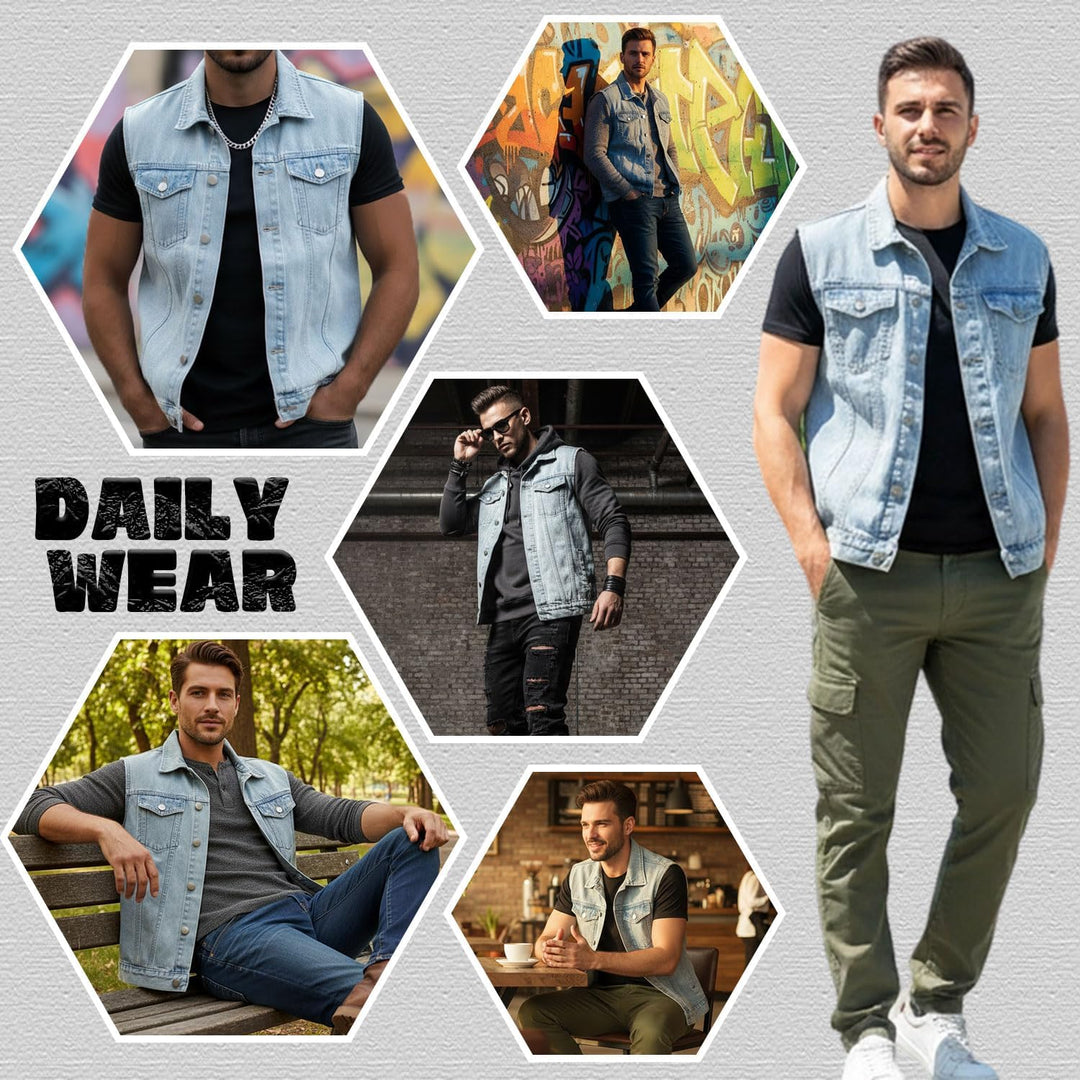 KTWOLEN Herren Denim Weste Vintage Jeans Weste Outdoor Biker Weste Freizeit Ärmellose Jacke Motorrad