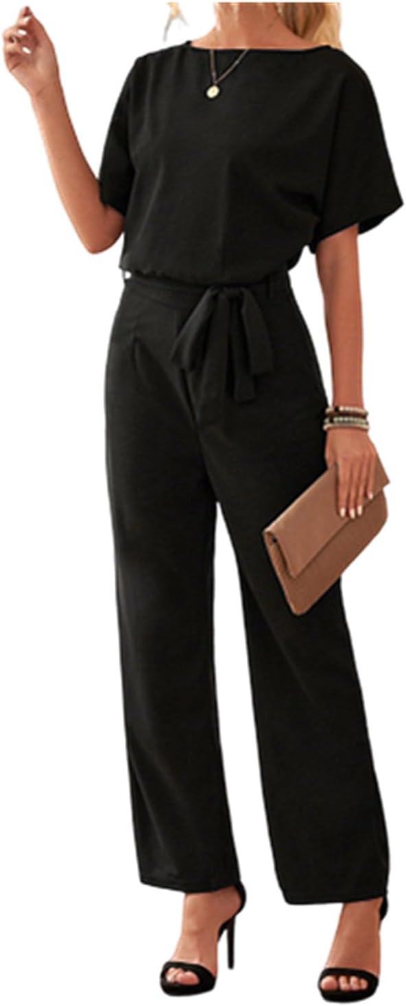 Bipily Damen Kurzarm Lang Jumpsuit Elegant Overall Jumpsuits O-Ausschnitt Playsuit Romper Hosenanzug