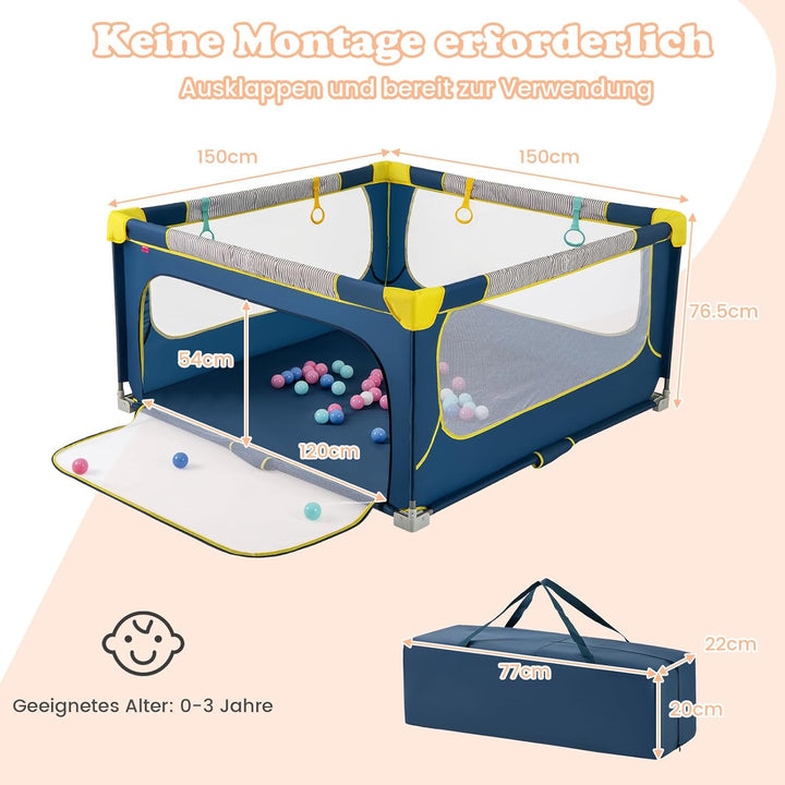GOPLUS 150 x 150cm Laufstall Babys, Laufgitter tragbar mit 50 bunten Bällen, 4 Griffen &amp; Tragetasche