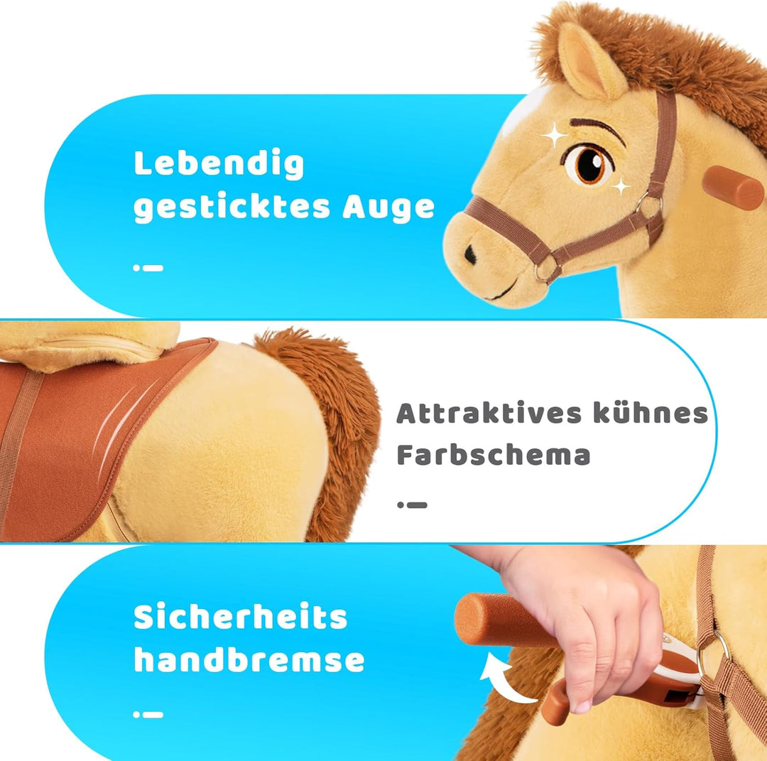 PonyCycle Reitpferd mit Rollen, für Kinder 4–7 Jahre, 90cm Hoch, Plüsch Reitpony mit Handbremse, Sch