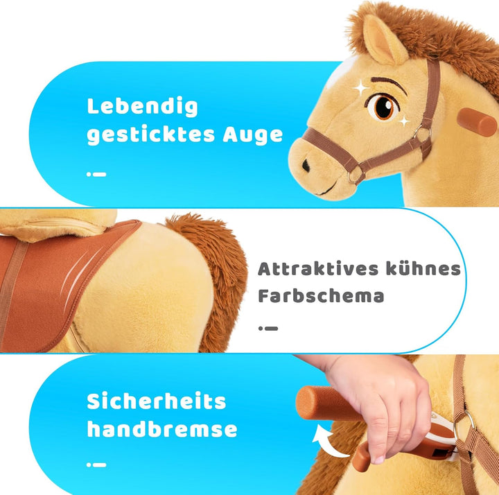 PonyCycle Reitpferd mit Rollen, für Kinder 4–7 Jahre, 90cm Hoch, Plüsch Reitpony mit Handbremse, Sch