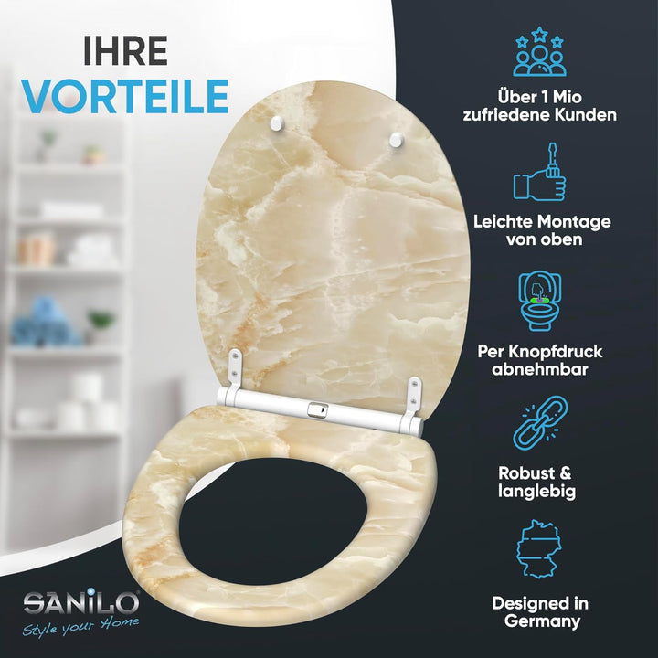 Sanilo WC Sitz mit Absenkautomatik & Schnellverschluss, Toilettendeckel per Knopfdruck abnehmbar, ei