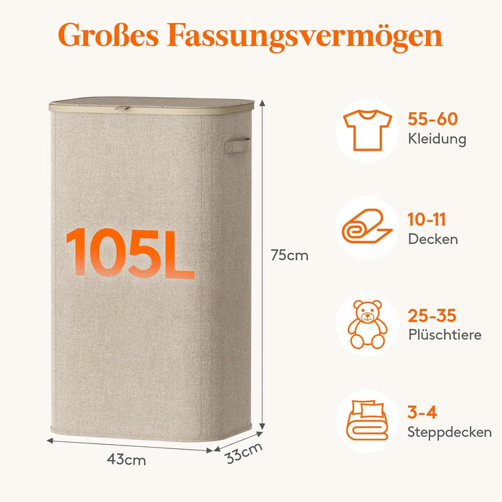 Lifewit 105L Wäschekorb mit Deckel, hoher Wäschekorb mit Kunststoffrahmen, faltbarer grosser Wäschek
