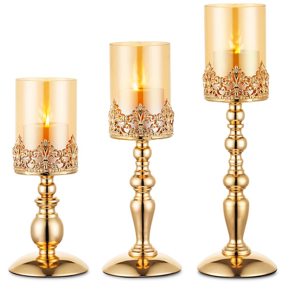 NUPTIO Säulenkerzenhalter mit Glas, 3er Set Hurricane-Kerzenhalter aus Gold Moderne Wohnkultur Gesch