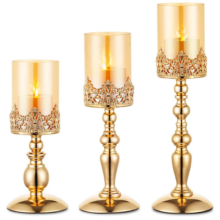 NUPTIO Säulenkerzenhalter mit Glas, 3er Set Hurricane-Kerzenhalter aus Gold Moderne Wohnkultur Gesch