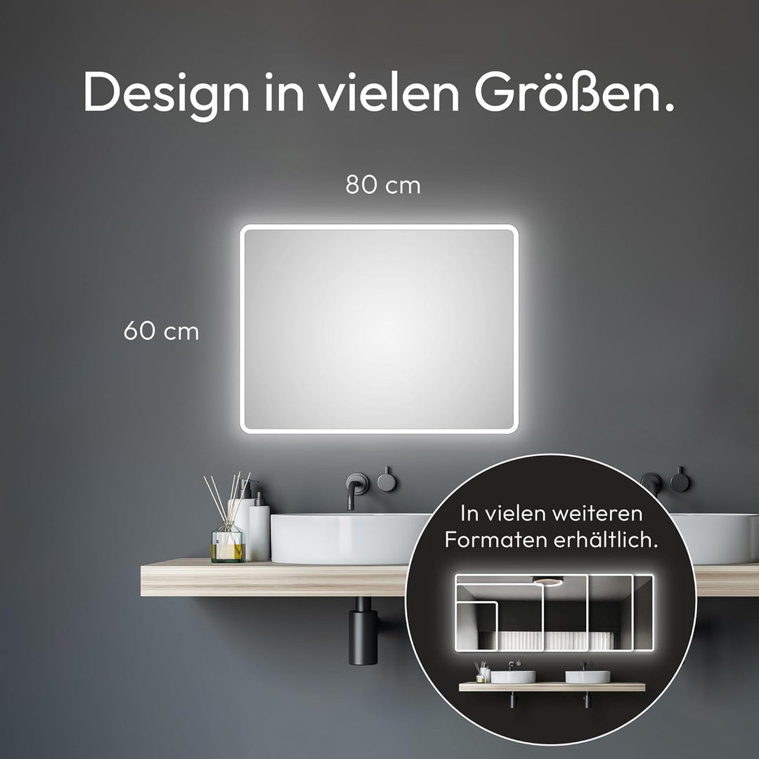 Talos Badspiegel mit Beleuchtung Moon - Badezimmerspiegel 80 x 60 cm - mit umlaufenden Raumlicht - L