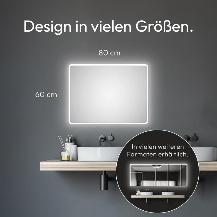Talos Badspiegel mit Beleuchtung Moon - Badezimmerspiegel 80 x 60 cm - mit umlaufenden Raumlicht - L