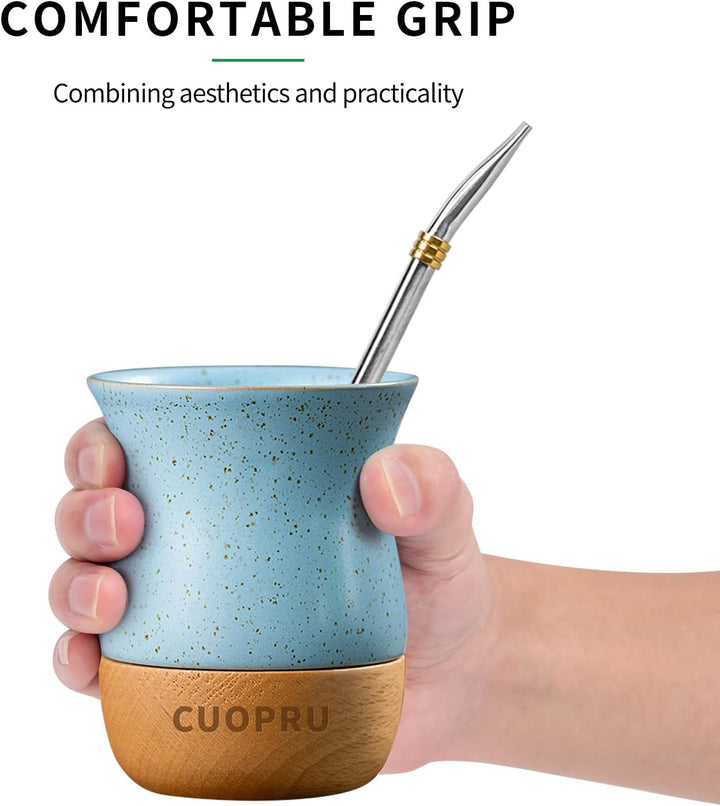 Yerba Mate Keramiktasse mit originalem Holzsockel, 237 ml, inklusive Mate-Kürbis, Bombilla-Strohhalm