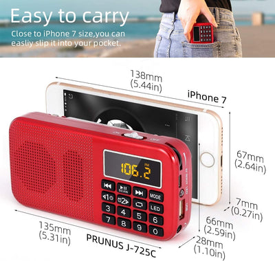 PRUNUS Kleines Radio. Tragbares Radio mit Grosse Batteriekapazität (3000mAh),Uhr FM SD USB MP3 UKW R