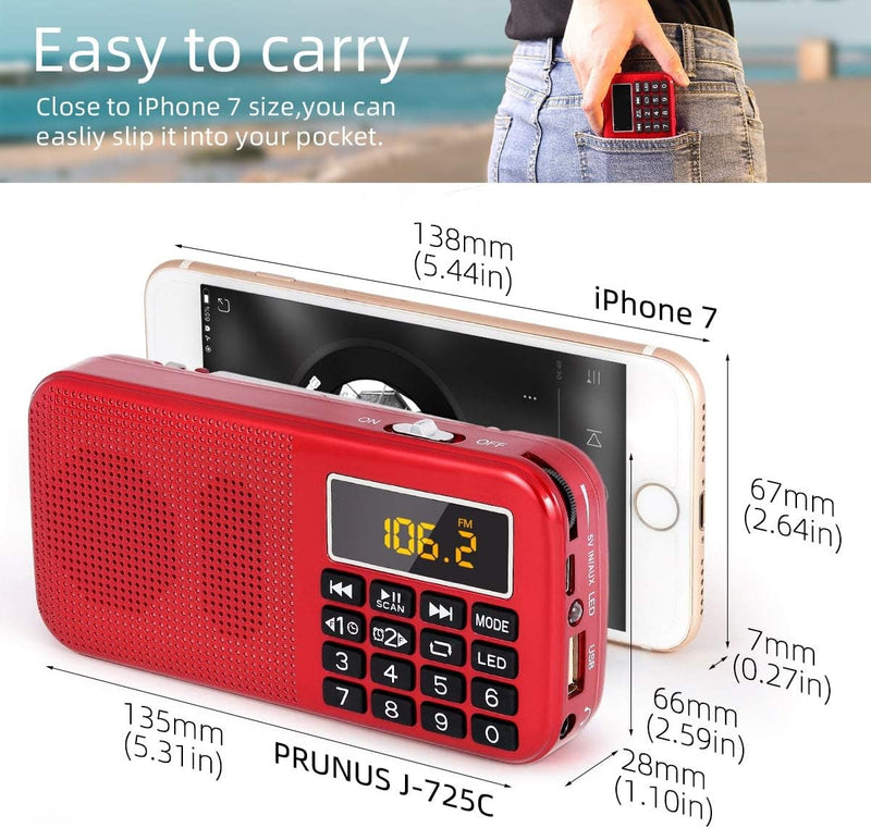 PRUNUS Kleines Radio. Tragbares Radio mit Grosse Batteriekapazität (3000mAh),Uhr FM SD USB MP3 UKW R