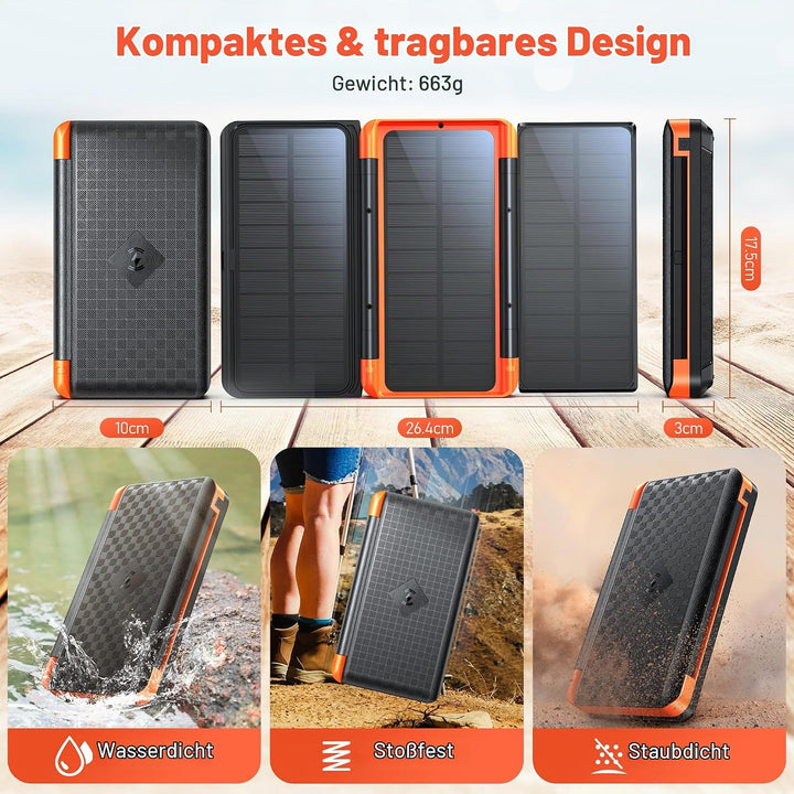 63200mAh Solar Power Bank, Wireless Powerbank mit 3 Solarpanel Faltbar, 22.5W PD Schnellladung, 5 An