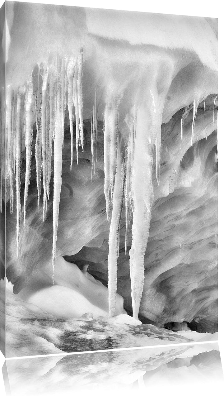Monocrome, vereiste Höhle, Format: 100x70 auf Leinwand, XXL riesige Bilder fertig gerahmt mit Keilra