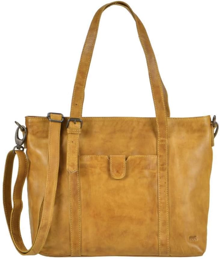 Bear Design Damen Tasche Ledertasche Shopper Schultertasche Handtasche Leder senfgelb Ocker 34x27cm