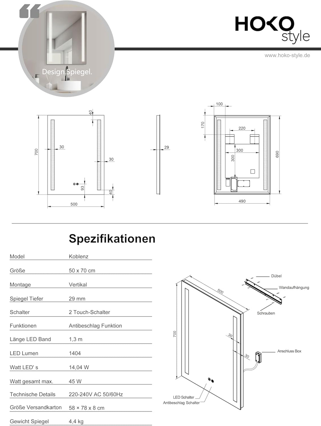 HOKO® LED Badspiegel 50x70 cm Koblenz mit ANTIBESCHLAG SPIEGELHEIZUNG. Design Badezimmerspiegel mit