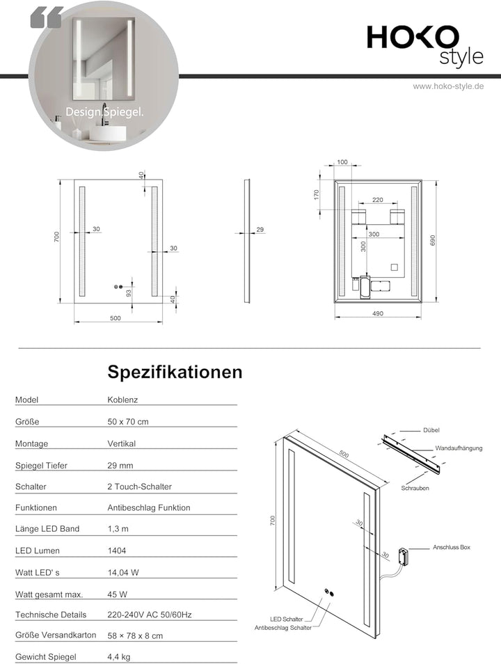 HOKO® LED Badspiegel 50x70 cm Koblenz mit ANTIBESCHLAG SPIEGELHEIZUNG. Design Badezimmerspiegel mit