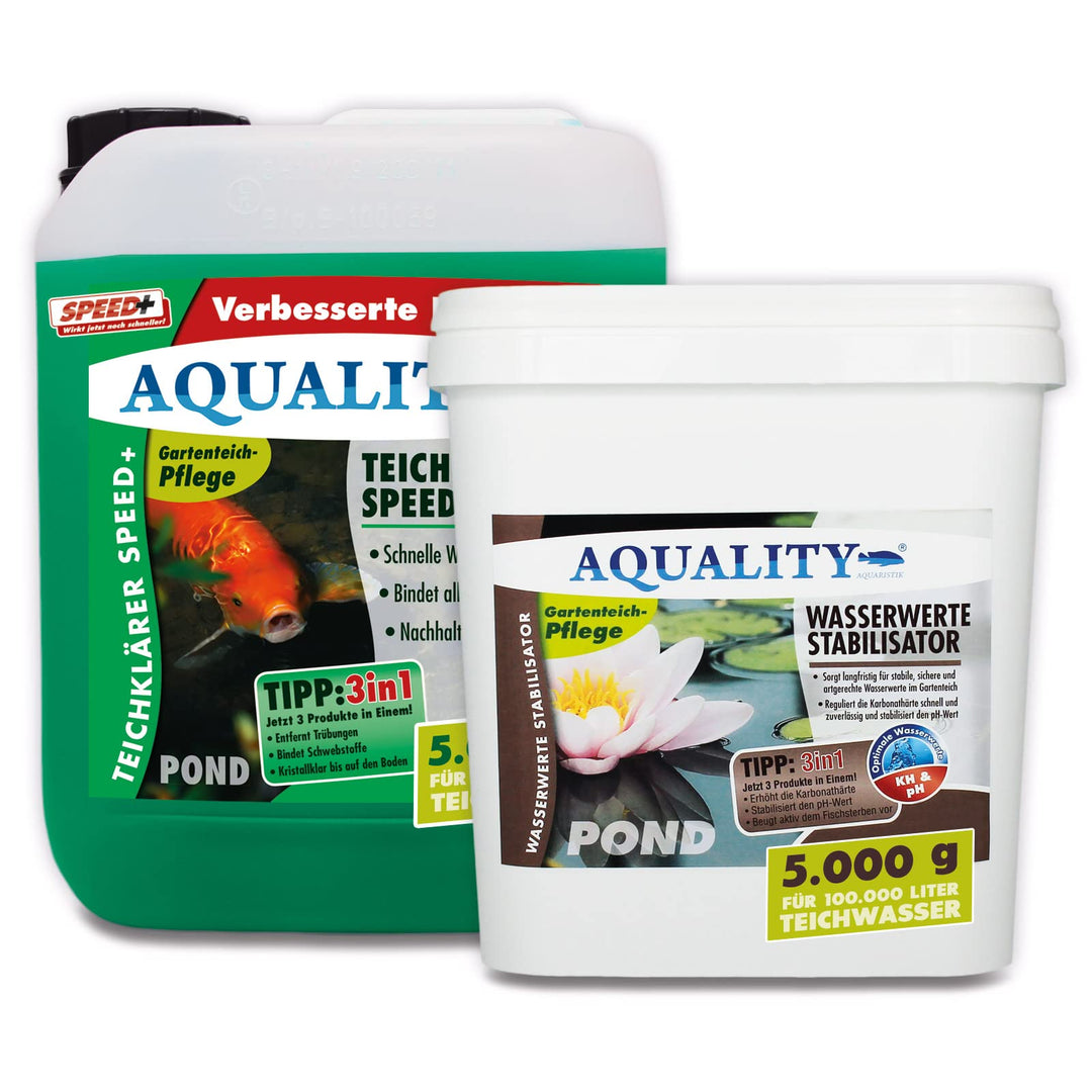 AQUALITY Klarwasser Teichpflege-Komplettset (Set mit Teichklärer und Wasserwerte Stabilisator für ei