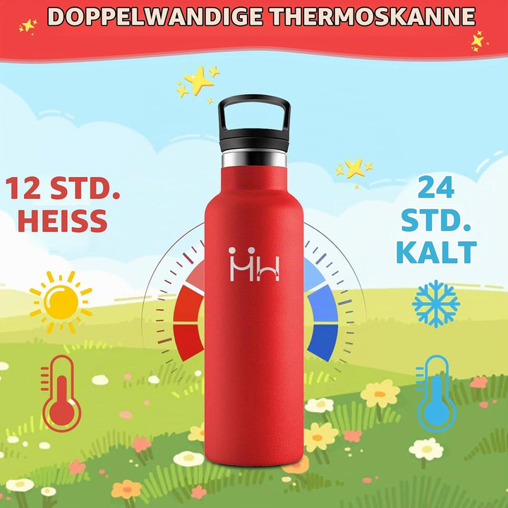 HoneyHolly Trinkflasche Edelstahl 500ML, BPA-Frei, Trinkflasche Kinder, Auslaufsichere Isolierflasch