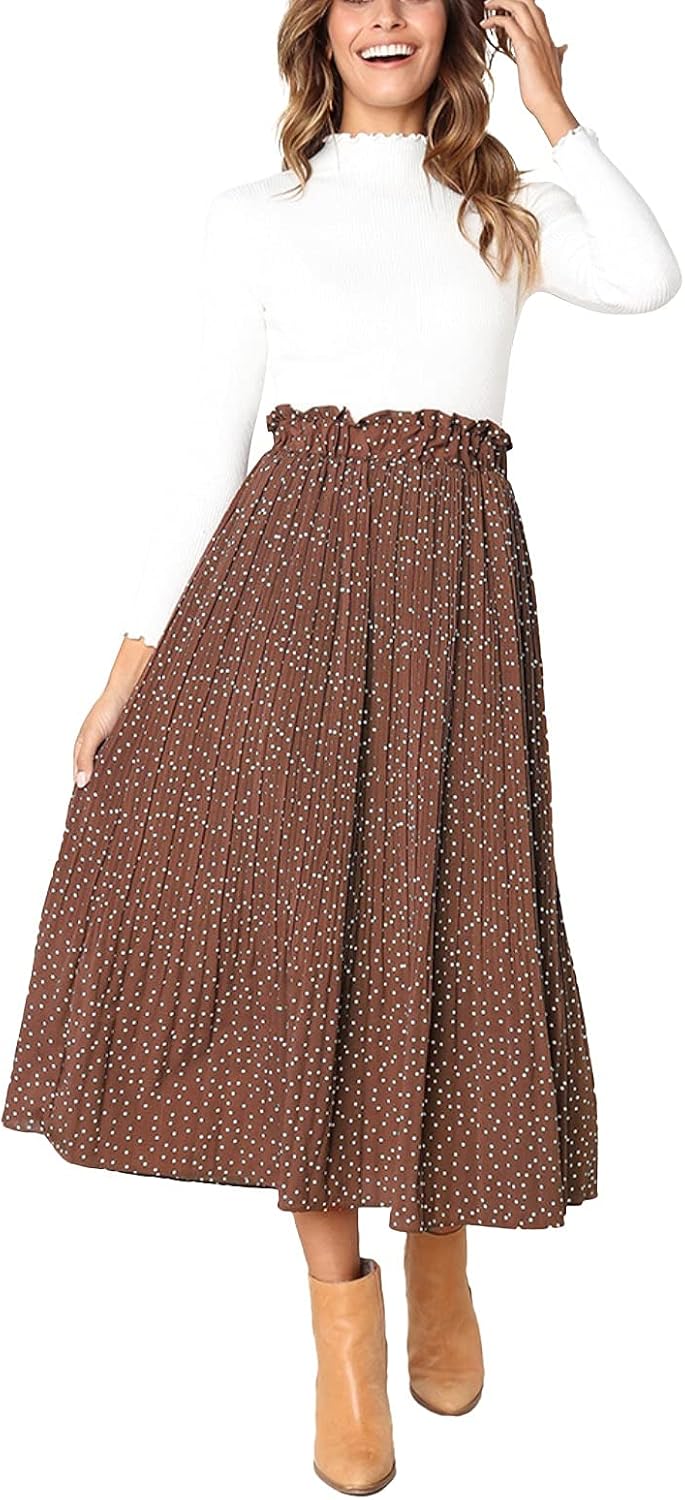 Hoerev Frauen Print Punkt mit Taschen Falten Langer Rock Beach Party Maxi Rock M Braun Punkt, M Brau