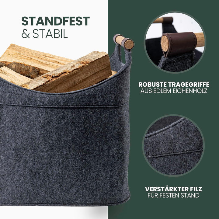 Filz Holzkorb für Kaminholz Gross [40 L] mit Echtholzhenkeln (Eiche) Plegeleichter Boden - Made in G