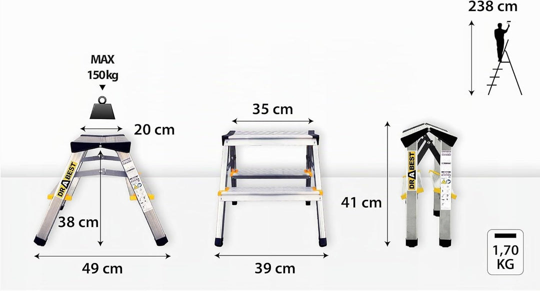 DRABEST Alu Leiter Klappbar 2 x 2 Stufen Zweiseitige Klappleiter Doppelstufenleiter max 150 kg TÜV Z